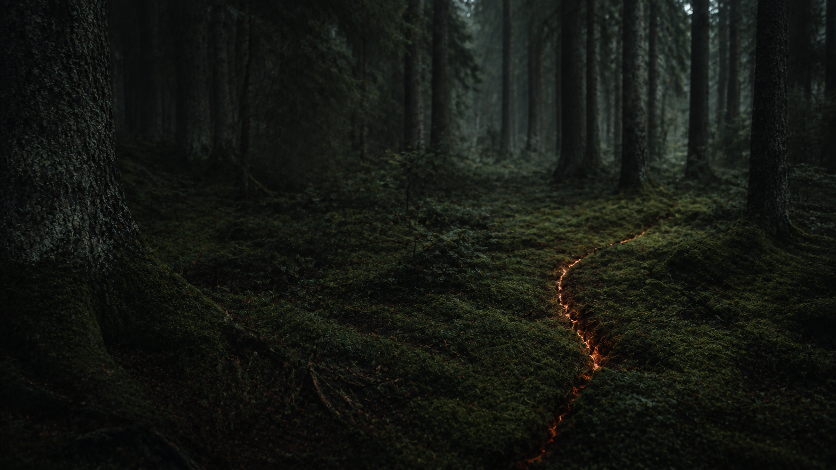 Hämärä metsä, jonka sammaleen alta hohtaa lämmin valo